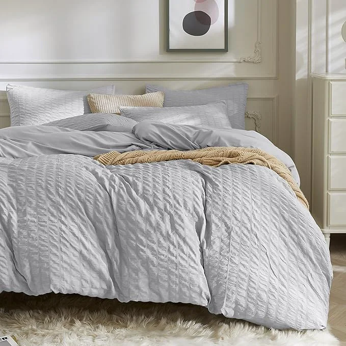 Sophisticated JELLYMONI Light Grey Duvet Cover Queen Size Soft Breathable Seersucker Duvet Traditional