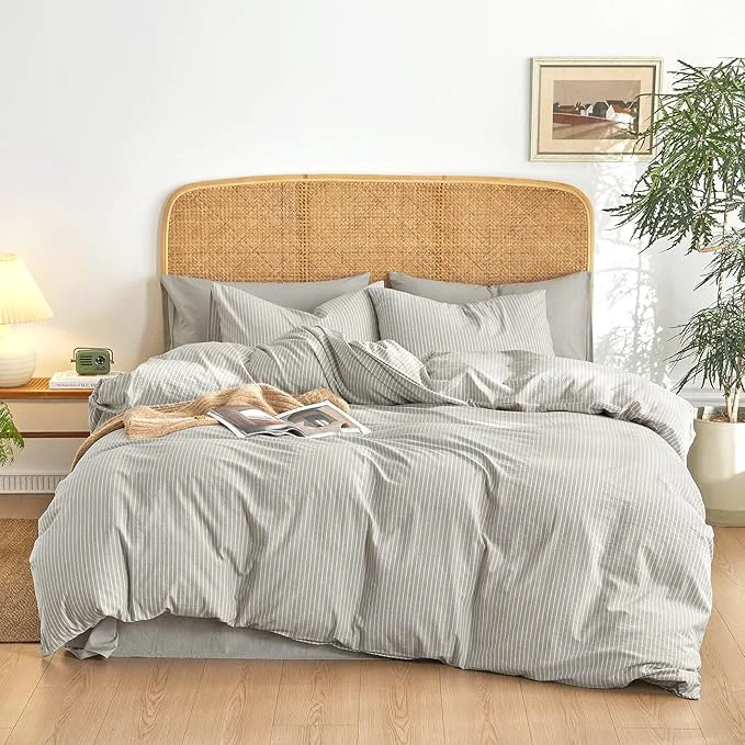Environmentally Friendly Wake In Cloud - Striped Cotton Duvet Cover Set Washed Cotton Textured Genuine