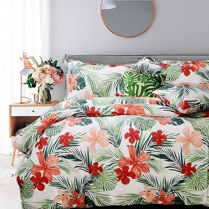 Comfortable FADFAY Tropical Red Hibiscus Palm Leaves Duvet Cover Set Exotic Plants Bedding Selected