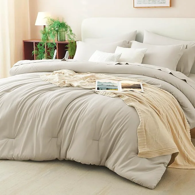 Fast CozyLux Oversized King Comforter Set Beige 7 Pieces Bed in a Bag Comforter Set Effective