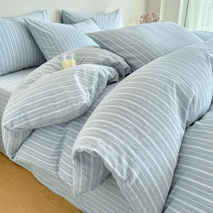 Official PinkMemory Blue Striped Duvet Cover Set King Washed Cotton Blue Stripes Smart