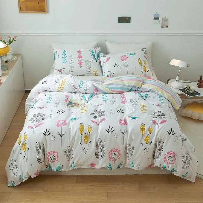 Modern mixinni Girls Flower Leaves Pattern on White Duvet Cover Twin Size Colorful Verified