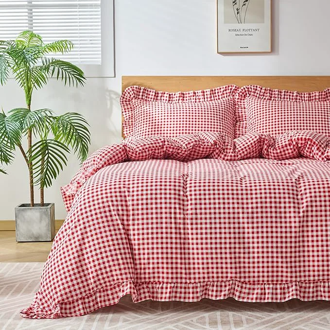 Versatile Gingham Duvet Cover Full Size 3 Pieces Soft Breathable Microfiber Plaid Durable