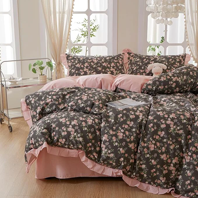 Certified mixinni Vintage Floral Duvet Cover Set Twin Size – Cotton Ruffle Lace Secure