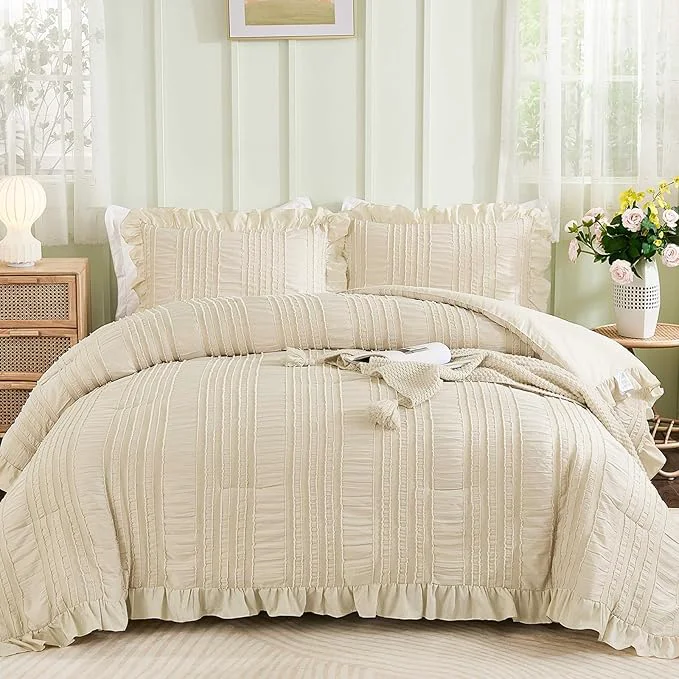 Original Design WONGS BEDDING Beige Textured Comforter Set King 3 Pieces Ruffle Farmhouse Sustainable