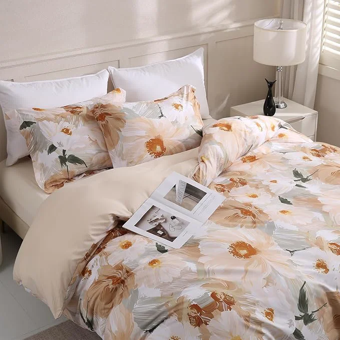 LONAVA Queen Flower 3 Pcs Duvet Cover Set Breathable Soft Microfiber Biege Innovative