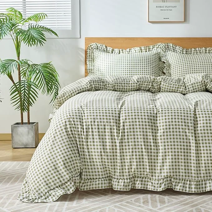 Organic Gingham Duvet Cover Queen Size 3 Pieces Soft Breathable Microfiber Plaid High-Performance
