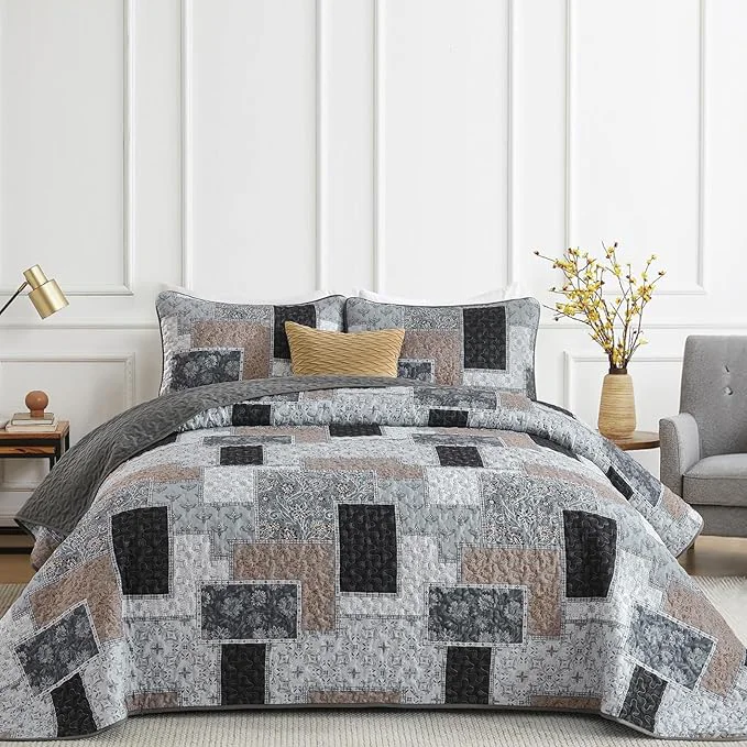 Premium Xruibed Grey Quilt Set Queen Size 3 Pieces Plaid Floral Boho Bedspread Coverlet Dependable