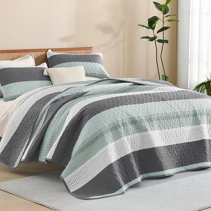 Organic Litanika Oversized King Quilt Set Sage Green 128x120 Stripe Bedspread Coverlet Fine