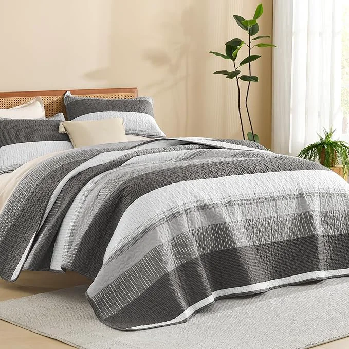 Recyclable Litanika Oversized King Quilt Set Dark Grey 128x120 Stripe Bedspread Coverlet Contemporary
