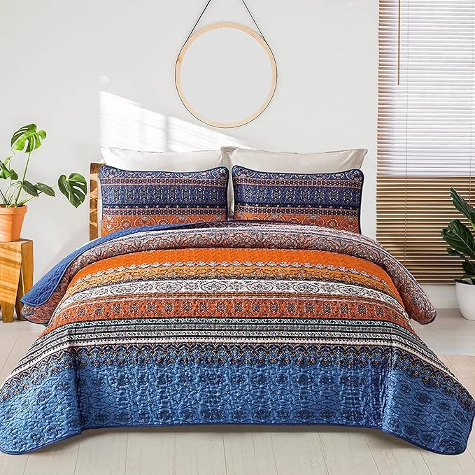 Secure WONGS BEDDING Boho Fall Quilt Full Size 3 Pieces Orange Blue Bohemian Dependable