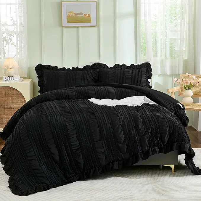 Long-Lasting WONGS BEDDING Black Comforter Set Queen 3 Pieces Ruffle Farmhouse Shabby Chic Lightweight