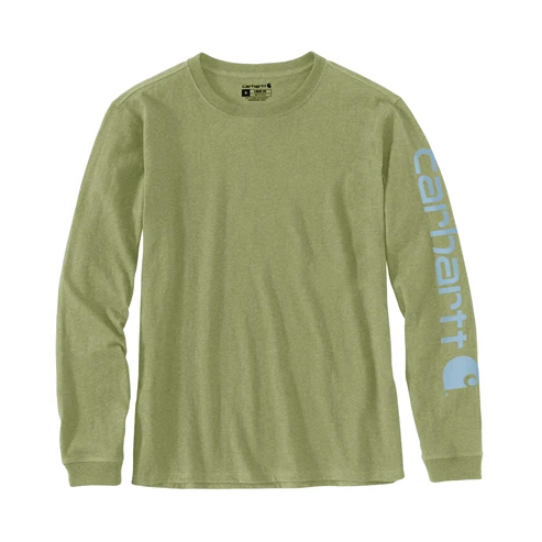 Soft Carhartt Women's Medium Green Olive Heather Long Logo Sleeve Graphic Shirt Classic