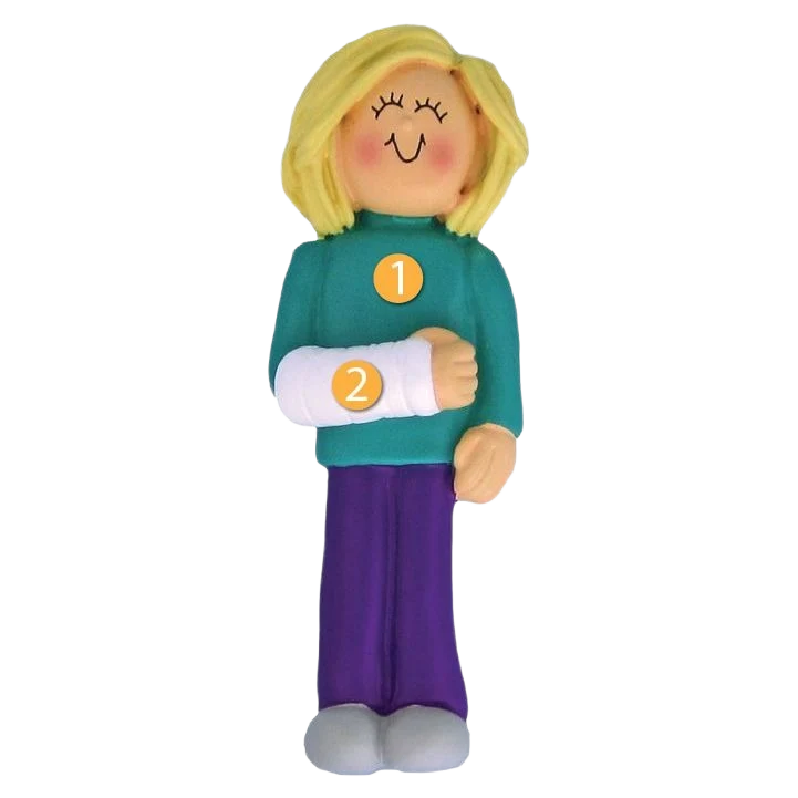 Sustainable Ornament Central Personalized Blonde Female with Arm Cast Ornament Reusable