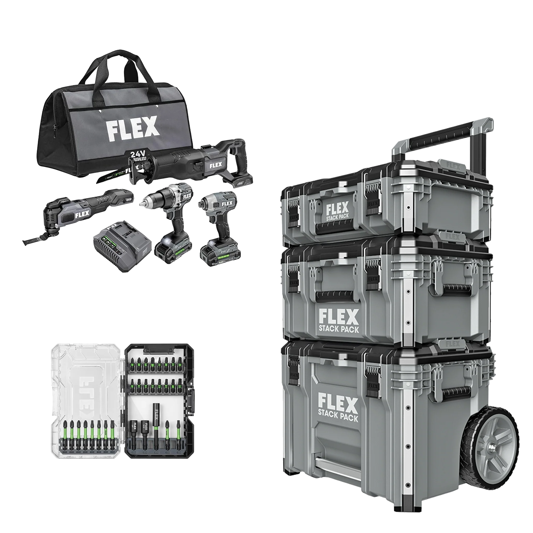 Dependable FLEX 24V 4-Tool Combo Kit 29-Pc. Bit Set and Stack Pack™ 3-Pc. Storage System Classic