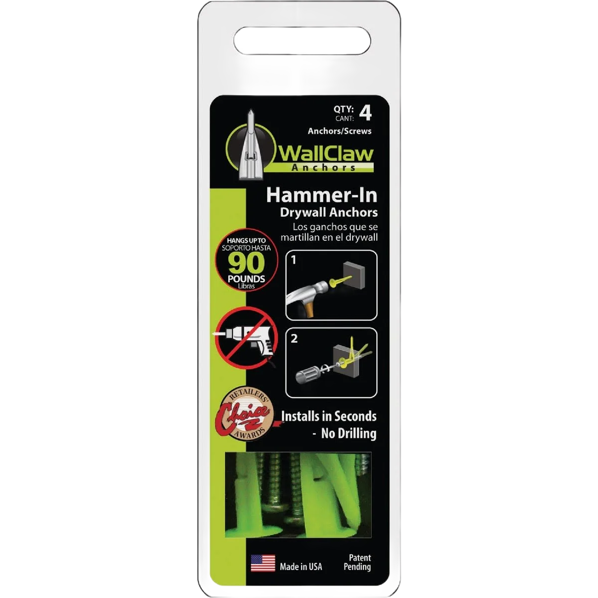 Versatile WallClaw Anchors 8 Thread x 1-1 4 Drywall Plastic Anchor 4-Ct Practical