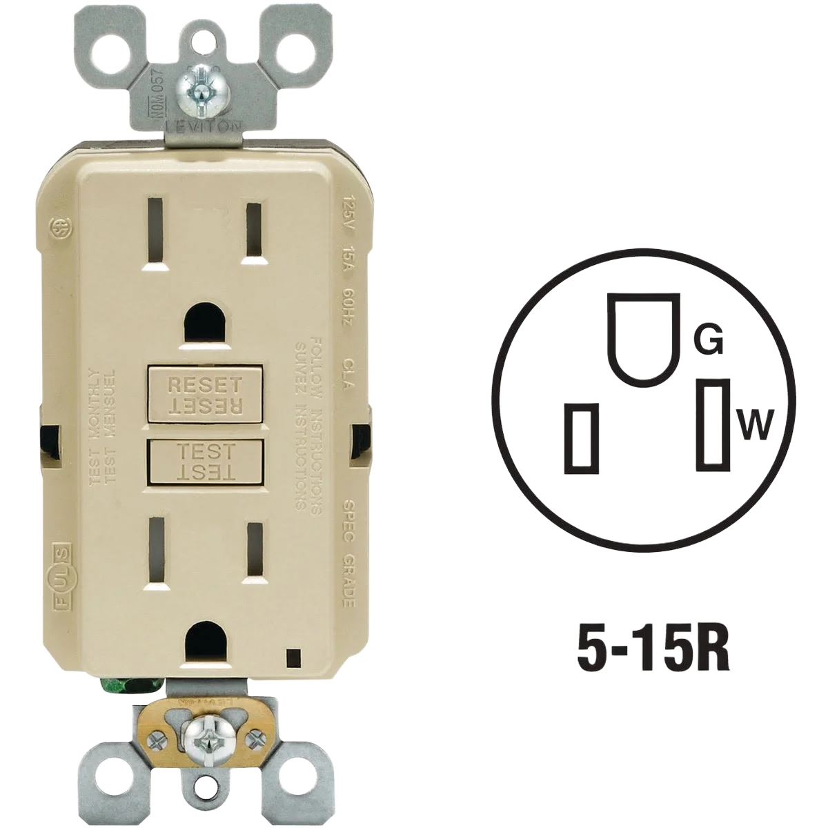 Versatile Leviton SmartlockPro Self-Test Ivory Commercial Grade 5-15R GFCI Outlet Elegant