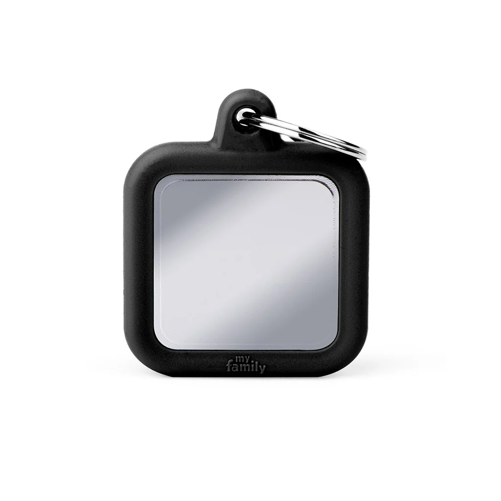 User-Friendly MyFamily Hushtag Chrome-Plated Brass Square with Black Rubber Pet Tag Innovative