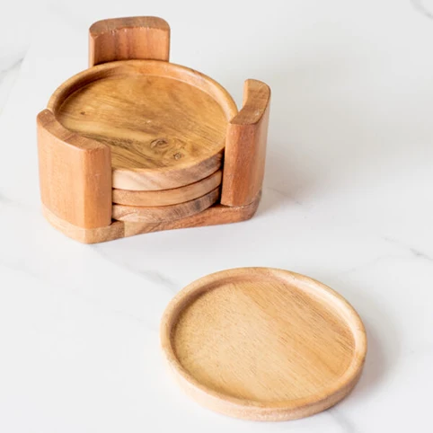 Crafted PD Home and Garden Wooden Coasters with Stand 4-Pk Versatile