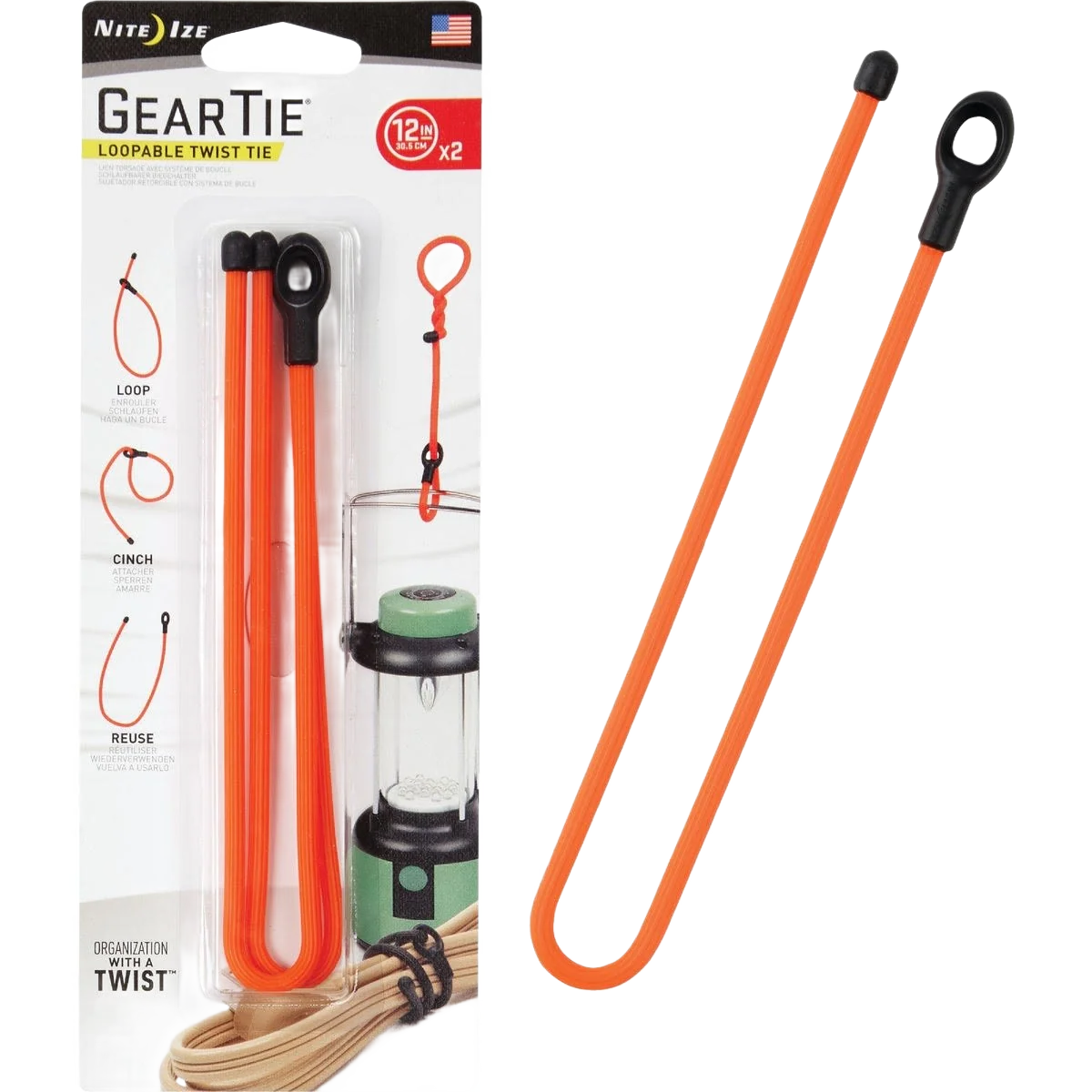 Specialty Nite Ize Gear Tie 2-Pack Loopable Reusable 12 Rubber Twist Tie Bright Orange Pure