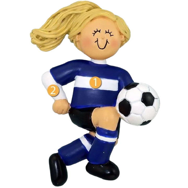 Enhanced Ornament Central Personalized Blonde Female Soccer Player in Blue Uniform Ornament World-Class