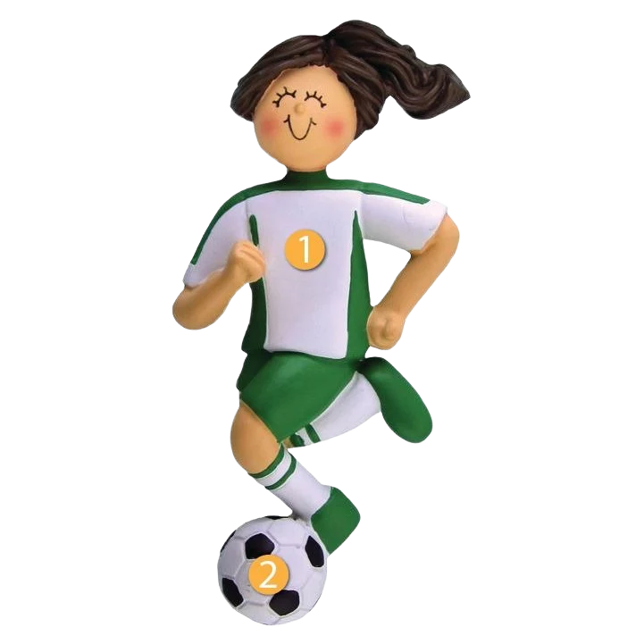 Recyclable Ornament Central Personalized Brunette Female in Green Soccer Uniform Ornament Versatile