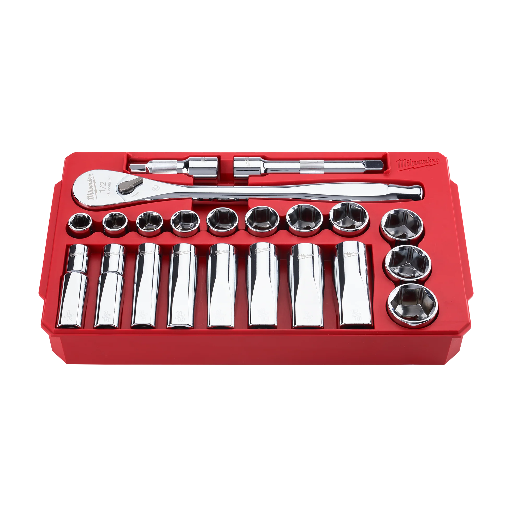 Quality Milwaukee 22 pc 1 2 Drive SAE Ratchet and Socket Set with FOUR FLAT™ Sides Easy-to-Use
