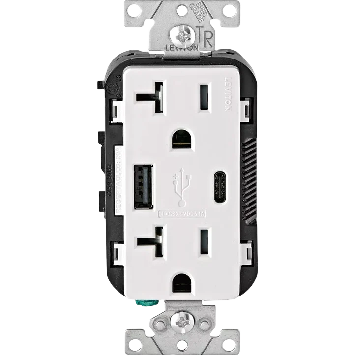 Sophisticated Leviton 20A White 2-Port USB Charging Outlet with 5-20R Tamper Resistant Duplex Outlet Breathable