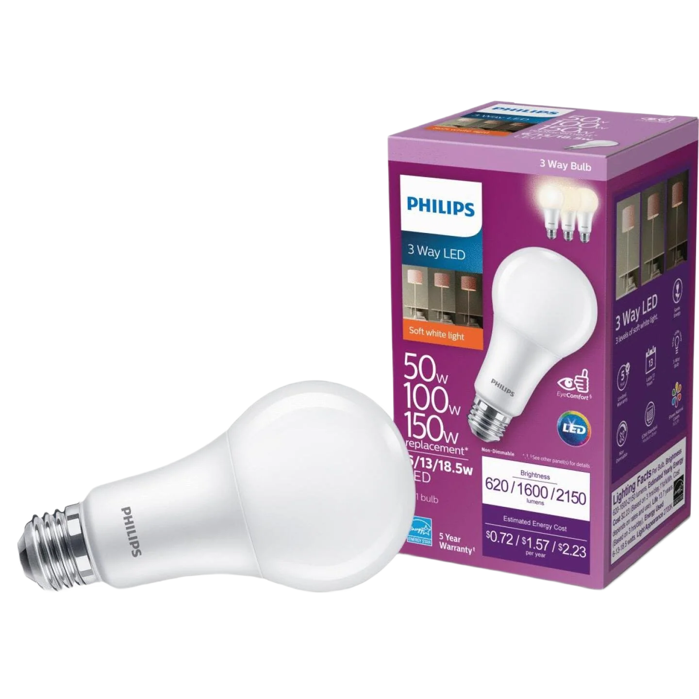 Innovative Philips 50 100 150 Watt Equivalent Soft White 3-Way LED Bulb Practical