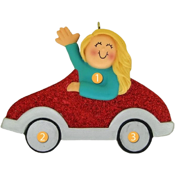 Reliable Ornament Central Personalized Blonde Female in Red Car Ornament Verified