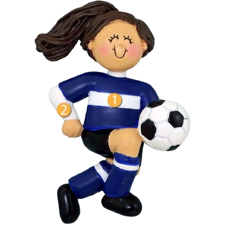 Environmentally Friendly Ornament Central Personalized Brunette Female Soccer Player in Blue Uniform Ornament Detailed