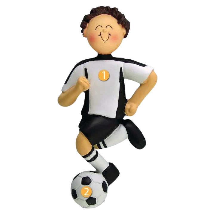Clean Ornament Central Personalized Brunette Male in Black Soccer Uniform Ornament Exceptional