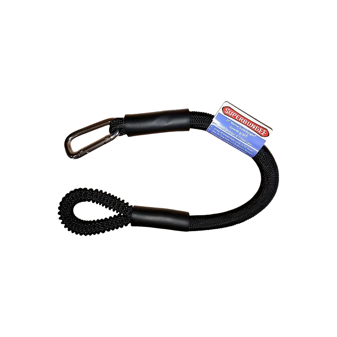 Fine SuperBungee Black 12 in. Marine Cord with 1 Stainless Steel Carabiner Hook 1 Looped End Practical