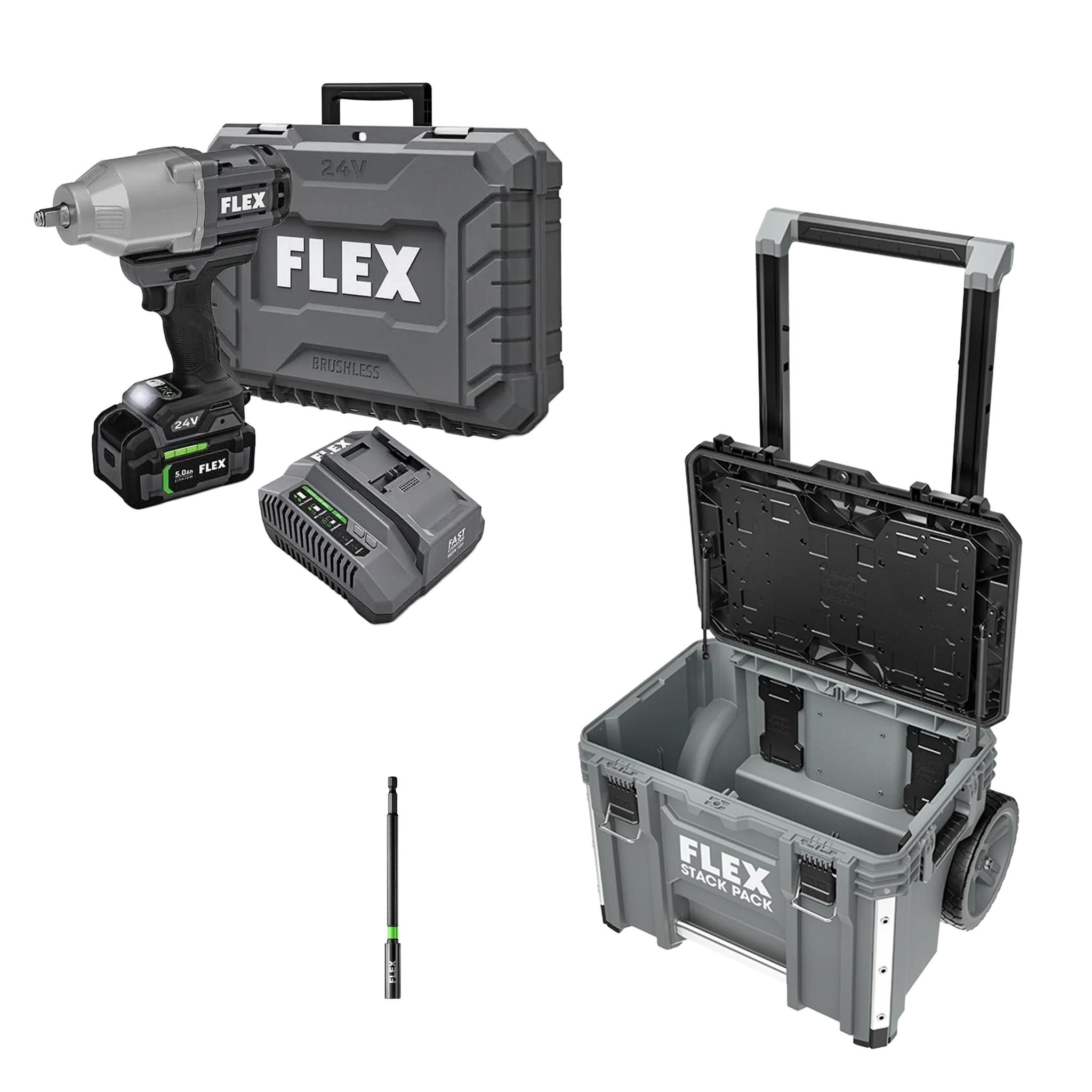 Green FLEX 1 2 High Torque Impact Wrench Kit 6 Magnetic Extension Holder Stack Pack™ Rolling Tool Box Smooth