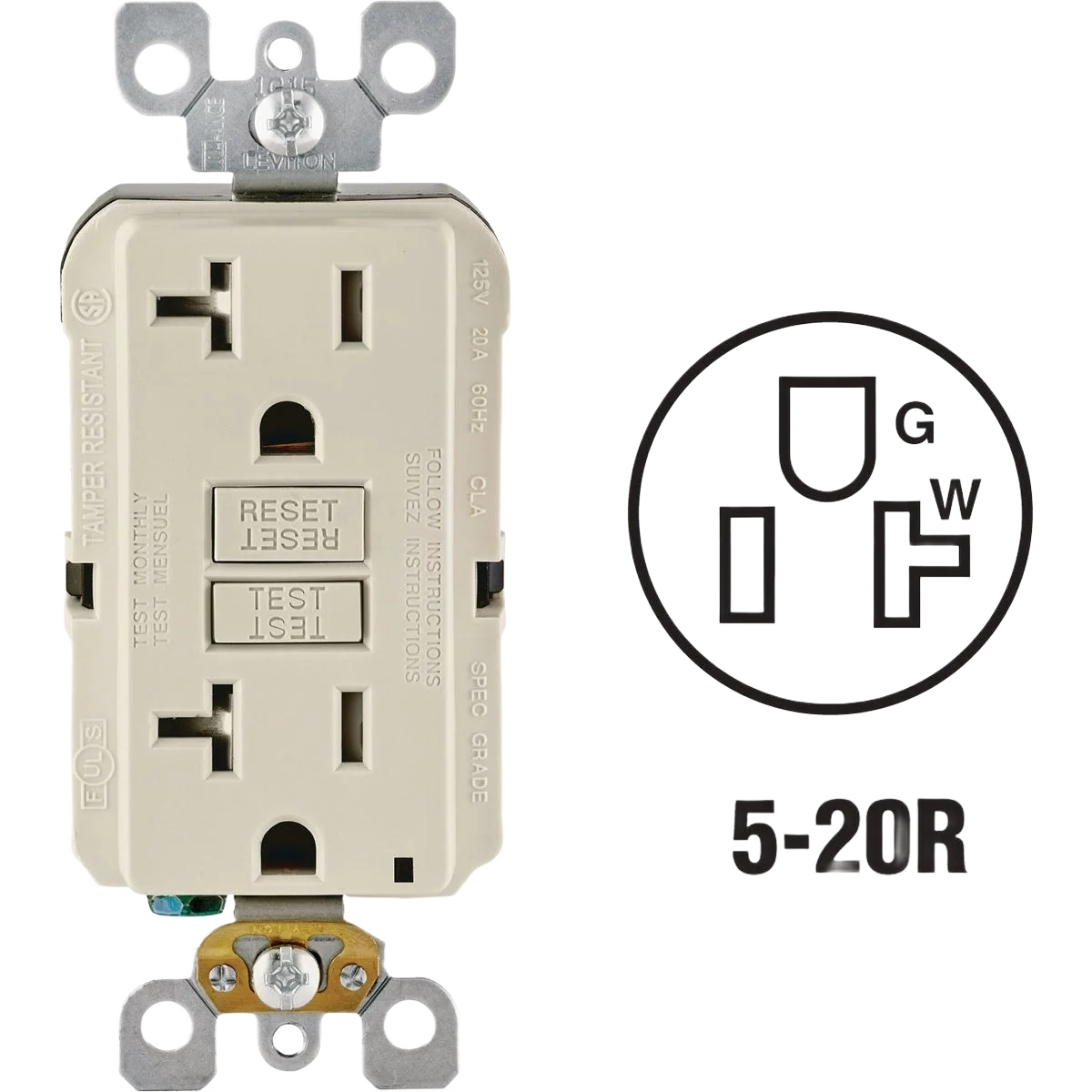 Casual Leviton SmartlockPro Self-Test 20 Amp Light Almond Commercial Grade GFCI Outlet Clean