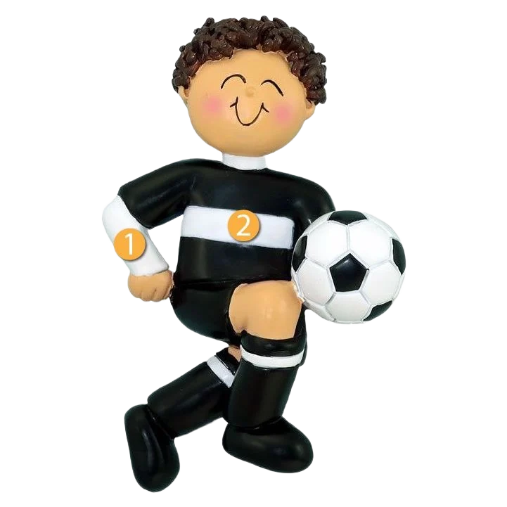 Carefully Designed Ornament Central Personalized Brunette Male Soccer Player in Black Uniform Ornament Selected