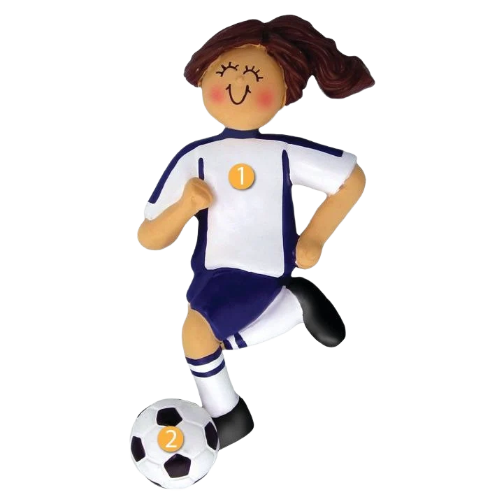 Outstanding Ornament Central Personalized Brunette Female in Blue Soccer Uniform Ornament Advanced