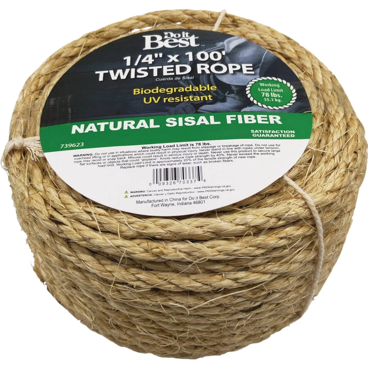 Solid Do it Natural Twisted Sisal Fiber Packaged Rope 1 4 In. x 100 Ft. Clean