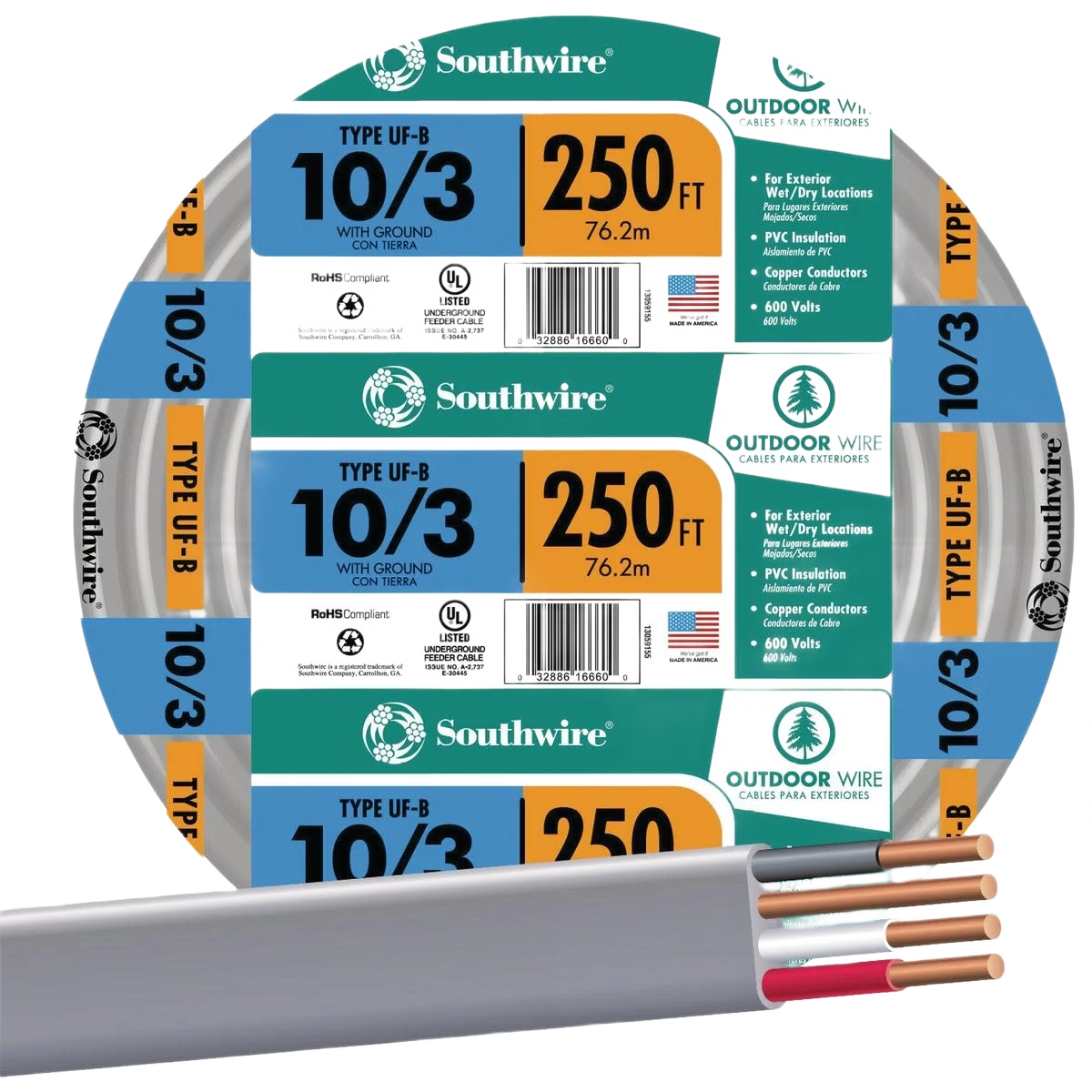 Secure Southwire 250' 10 AWG 3-Conductor UFW G Wire Premium Material