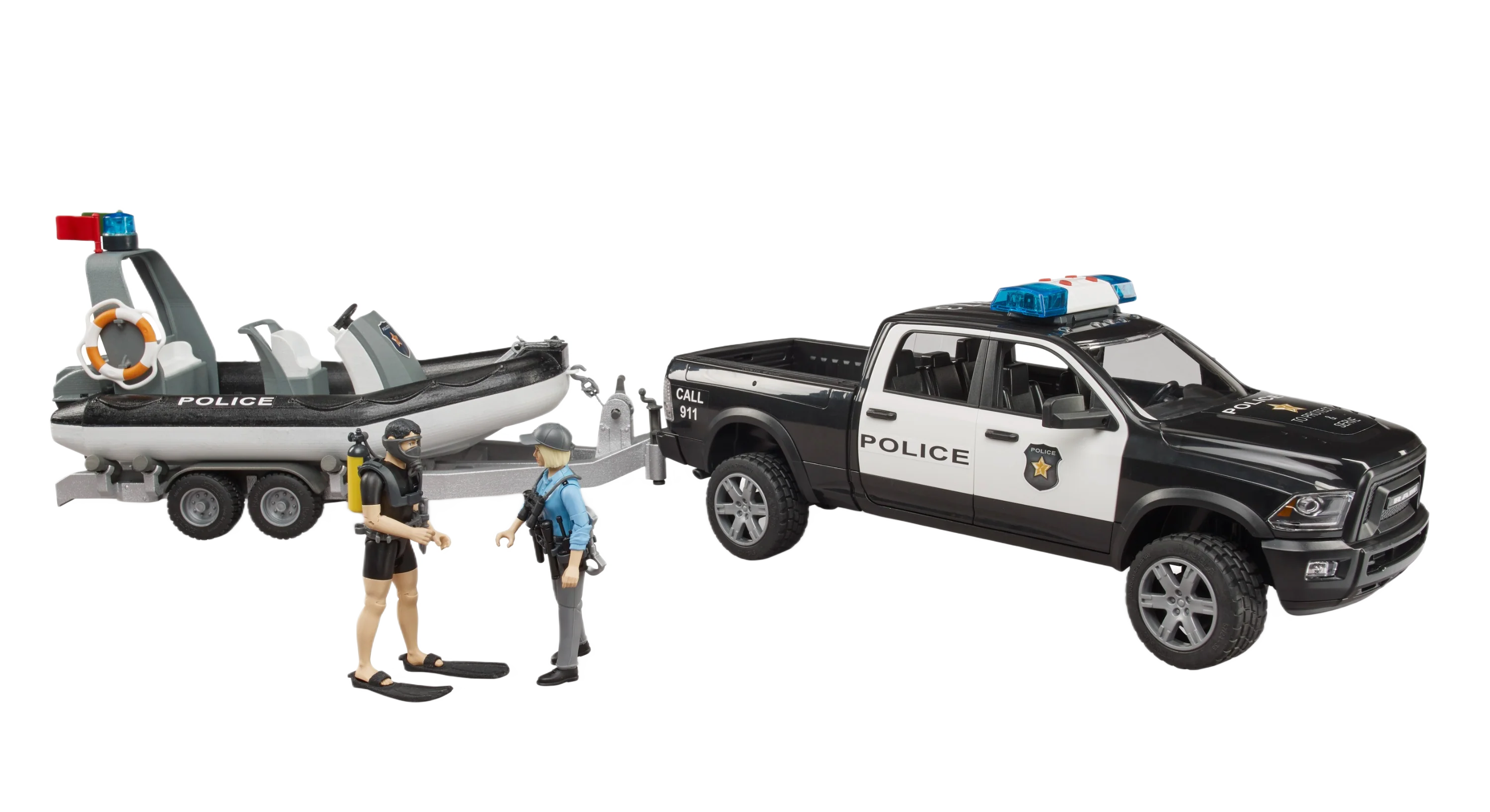 Functional Bruder Police Ram 2500 w Trailer Boat and Figures Authentic