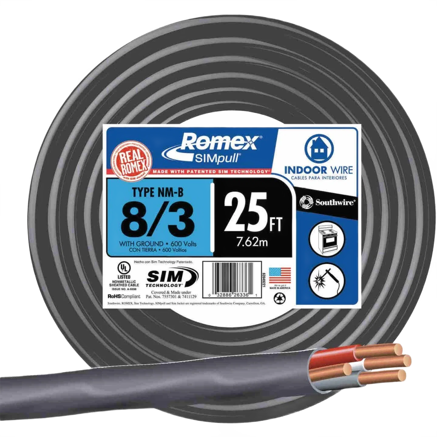 Authentic Romex 25 ft. 8-3 Black NMW G Wire Fine