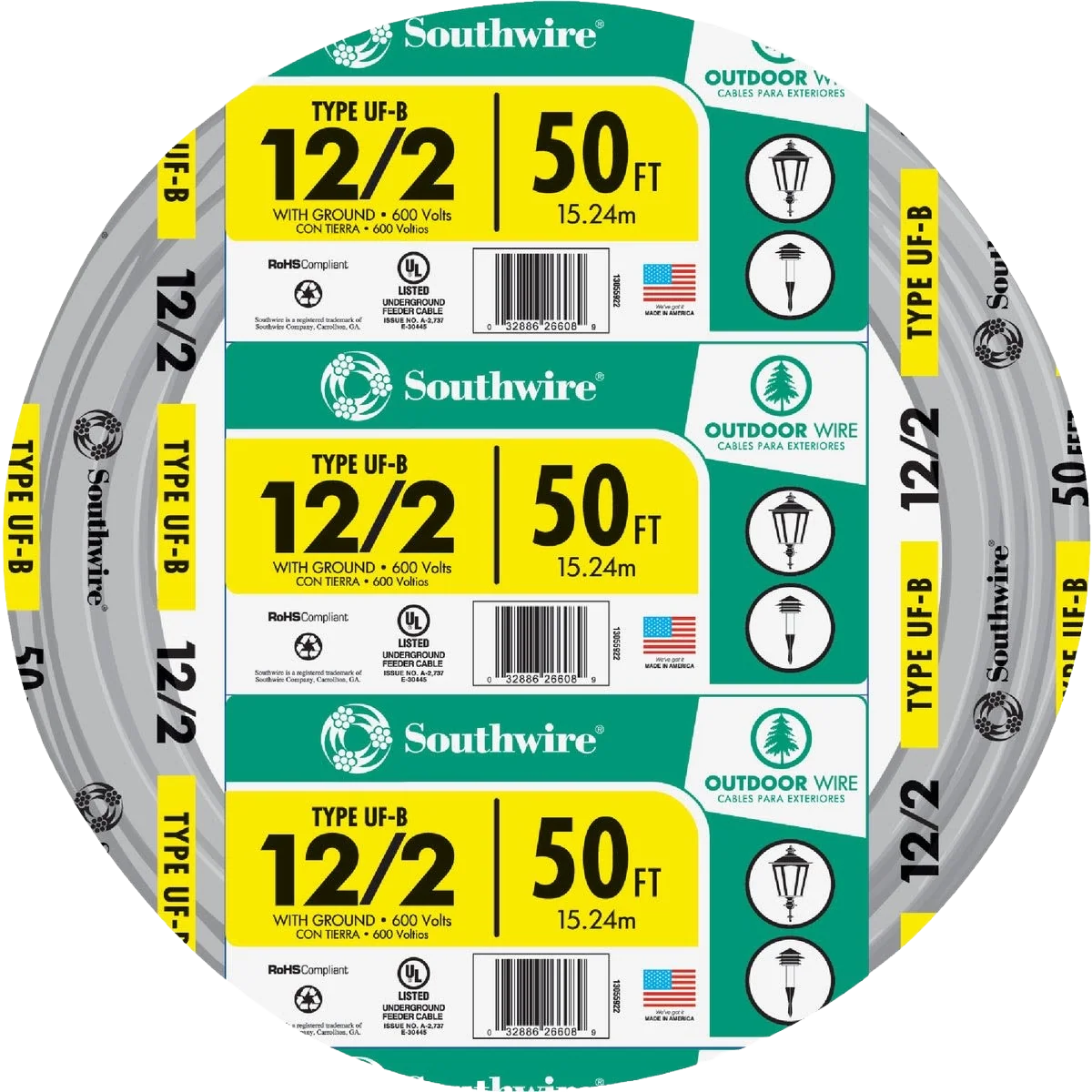 Classic Southwire 50' 12 AWG 2-Conductor UFW G Wire Environmentally Friendly