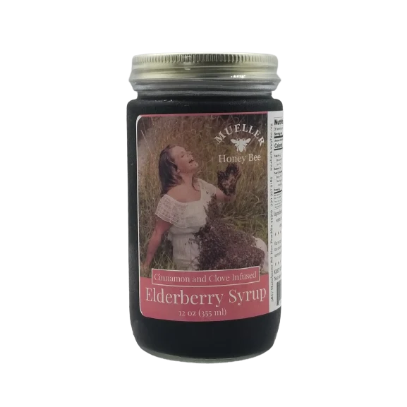 High-Grade Mueller Honey Bee Cinnamon Clove Elderberry Syrup 12 oz. Recyclable
