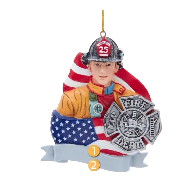Sustainable Kurt S. Adler Personalized Firefighter with Flag Badge Ornament Green