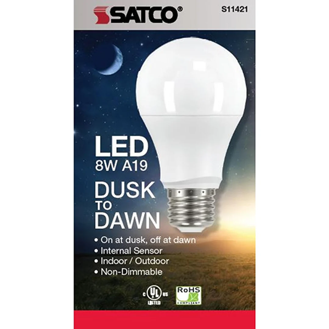 Clean Satco 8 Watt A19 LED White Dusk to Dawn Medium Base Light Bulb Certified