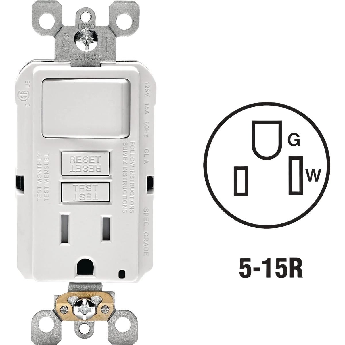 Fine Crafted Leviton White Self-Test GFCI Switch Outlet Combination w Screwless Wallplate High-End