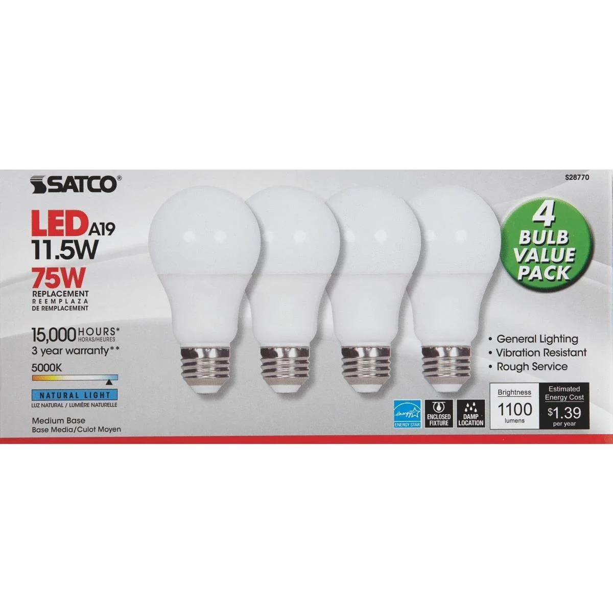 Convenient Satco 11.5 Watt A19 LED 5000K 4-Pack High-Quality