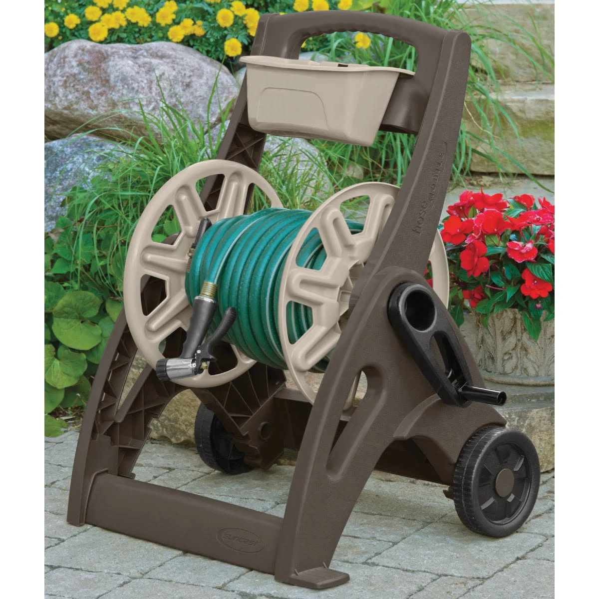 Easy-to-Use Suncast Taupe and Bronze Hosemobile Resin Hose Reel with Storage Bin 225 ft. Certified