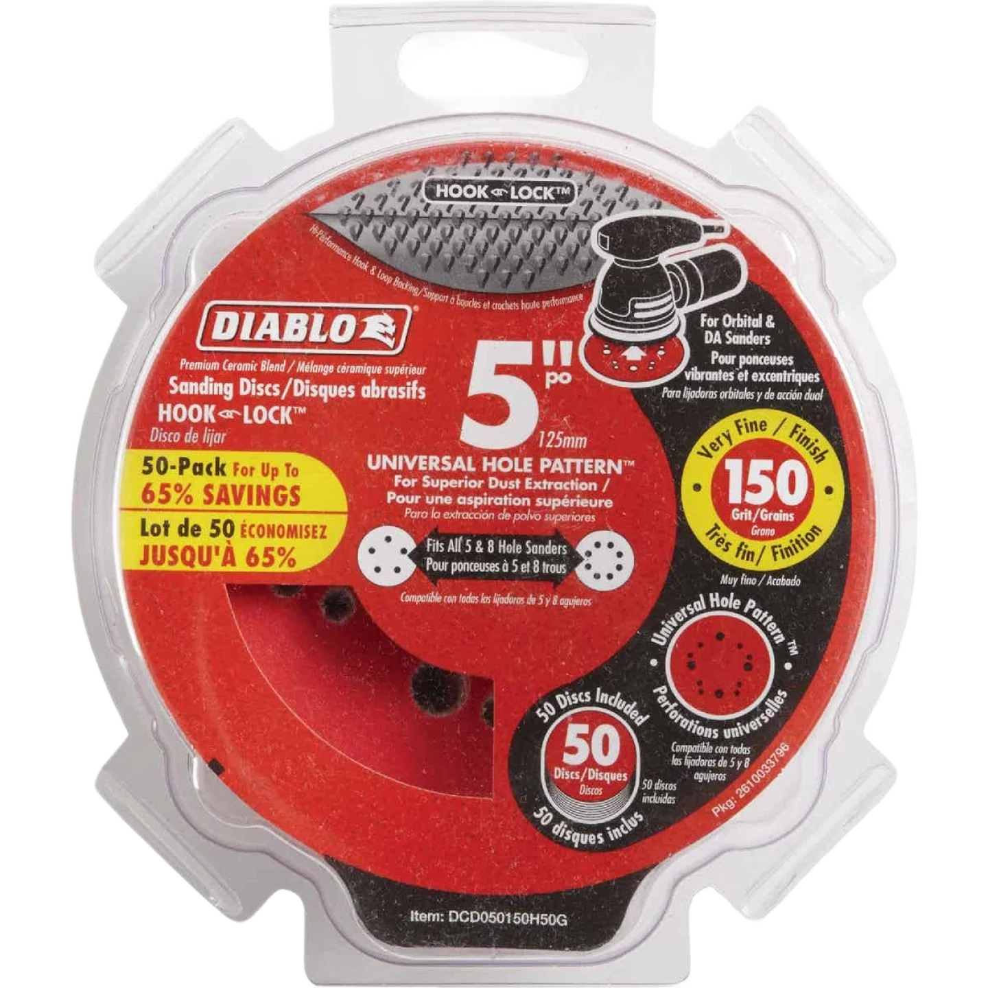 High-Performance Diablo Hook Lock 5-In. 150-Grit ROS Sanding Discs 50-Pack Detailed