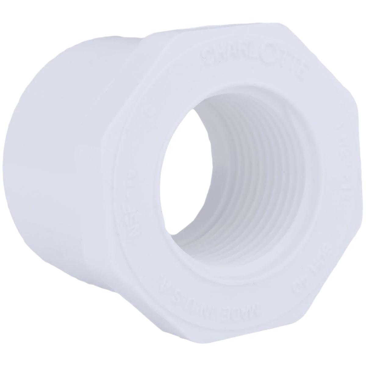 Crafted Charlotte Pipe Schedule 40 PVC Bushing 1-1 2 In. SPG x 1 In. FPT Detailed